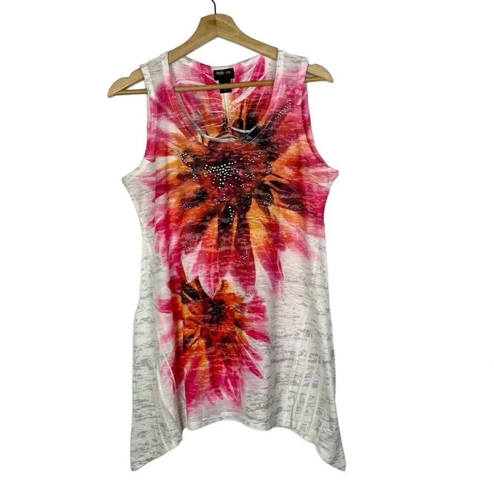 Style & Co White & Red Floral Burnout Handkerchief Hem Tank Top S